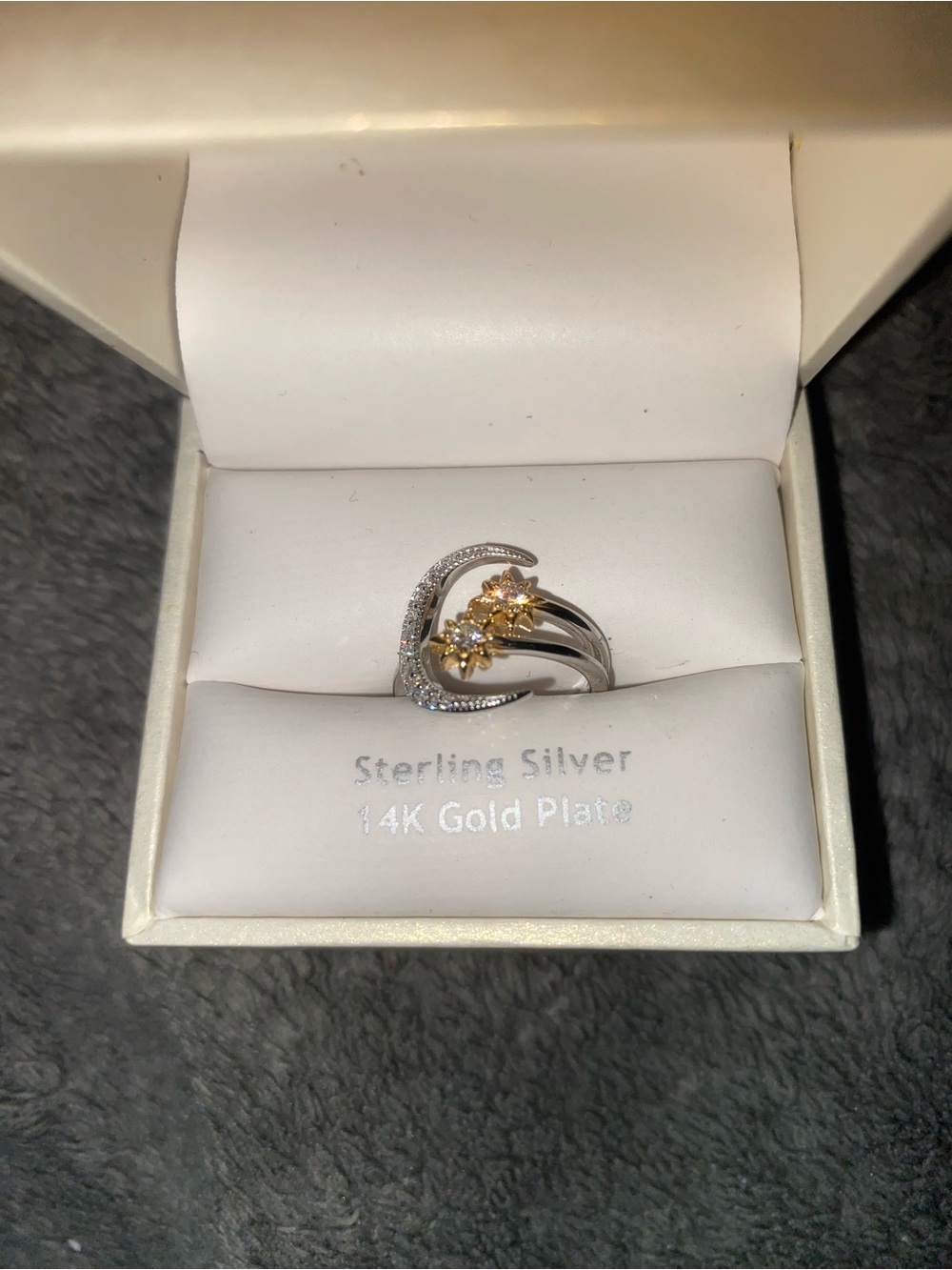 Sterling Silver Moon & Stars Ring with 14K Gold-Plated Silver & Gold Adjustable